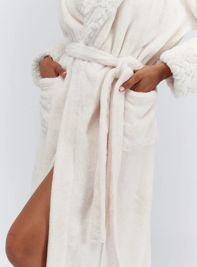 Fur-trimmed long dressing gown