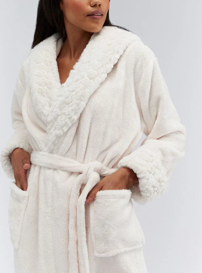 Fur-trimmed long dressing gown