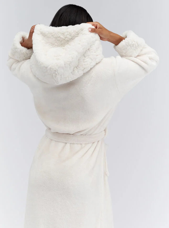 Fur-trimmed long dressing gown